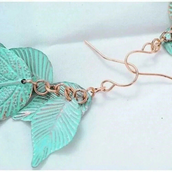 Handmade Blue Green Patina Leaves Dangle Earrings - Picture 3 of 5